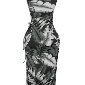 Black and Gray Leaf Print Bodycon Dress